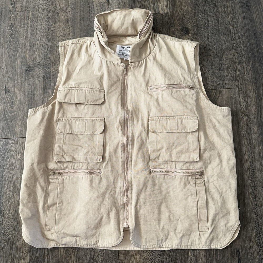 Weather Rite Mens L Canvas Vest Tan Zipup Hunting Fishing Utility Safari Jacket